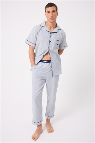 MARISILK™ SEASTRIPE Erkek Dokuma Yazlık Kısa Kollu Pantolonlu Pijama & Lounge Takımı