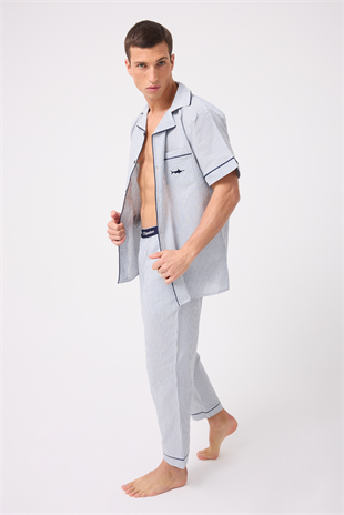 MARISILK™ SEASTRIPE Erkek Dokuma Yazlık Kısa Kollu Pantolonlu Pijama & Lounge Takımı