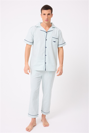MARISILK™ SEASTRIPE Erkek Dokuma Yazlık Kısa Kollu Pantolonlu Pijama & Lounge Takımı Takımı