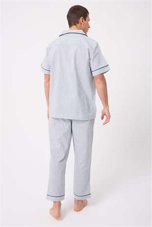 MARISILK™ SEASTRIPE Erkek Dokuma Yazlık Kısa Kollu Pantolonlu Pijama & Lounge Takımı