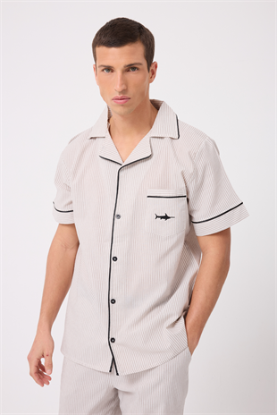 MARISILK™ SEASTRIPE Erkek Dokuma Yazlık Kısa Kollu Pantolonlu Pijama & Lounge Takımı