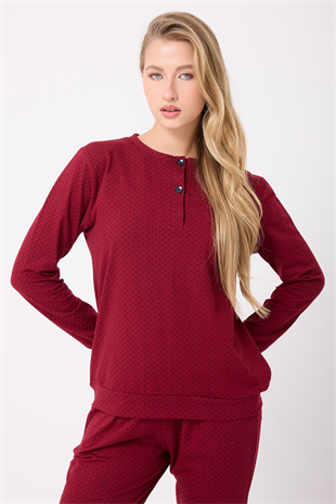 OCEAN RIPPLE™ Premium Örme Pamuk Uzun Kollu Henley & Uzun Pantolonlu Kadın Pijama Takımı