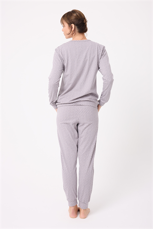 OCEAN RIPPLE™ Premium Örme Pamuk Uzun Kollu Henley & Uzun Pantolonlu Kadın Pijama Takımı