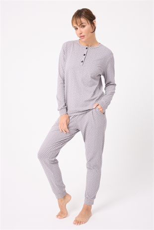 OCEAN RIPPLE™ Premium Örme Pamuk Uzun Kollu Henley & Uzun Pantolonlu Kadın Pijama Takımı