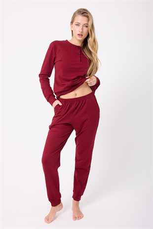 OCEAN RIPPLE™ Premium Örme Pamuk Uzun Kollu Henley & Uzun Pantolonlu Kadın Pijama Takımı