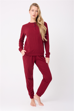 OCEAN RIPPLE™ Premium Örme Pamuk Uzun Kollu Henley & Uzun Pantolonlu Kadın Pijama Takımı