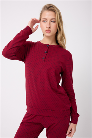 OCEAN RIPPLE™ Premium Örme Pamuk Uzun Kollu Henley & Uzun Pantolonlu Kadın Pijama Takımı