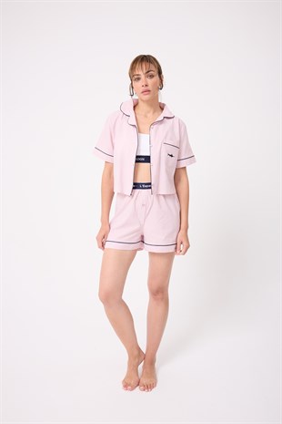 MARISILK™ Kadın Yazlık Şortlu Crop Gömlekli Pijama & Lounge Takımı 