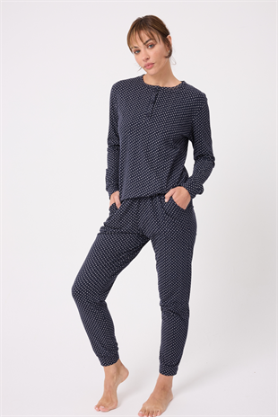 OCEAN RIPPLE™ Premium Örme Pamuk Uzun Kollu Henley & Uzun Pantolonlu Kadın Pijama Takımı