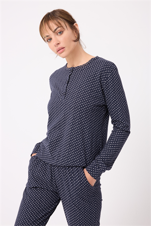 OCEAN RIPPLE™ Premium Örme Pamuk Uzun Kollu Henley & Uzun Pantolonlu Kadın Pijama Takımı