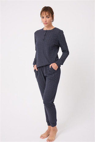 OCEAN RIPPLE™ Premium Örme Pamuk Uzun Kollu Henley & Uzun Pantolonlu Kadın Pijama Takımı