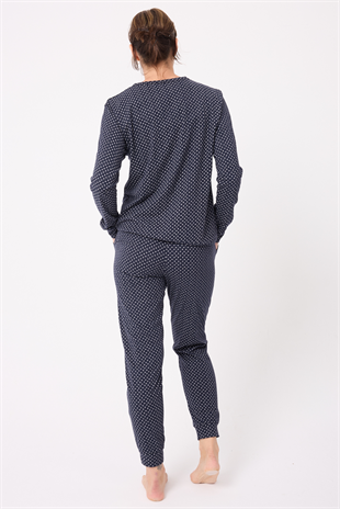 OCEAN RIPPLE™ Premium Örme Pamuk Uzun Kollu Henley & Uzun Pantolonlu Kadın Pijama Takımı