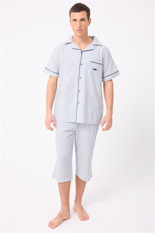 MARISILK™ SEASTRIPE Erkek Dokuma Yazlık Kısa Kollu Capri Pantolonlu Pijama & Lounge Takımı