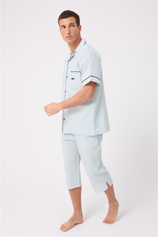 MARISILK™ SEASTRIPE Erkek Dokuma Yazlık Kısa Kollu Capri Pantolonlu Pijama & Lounge Takımı