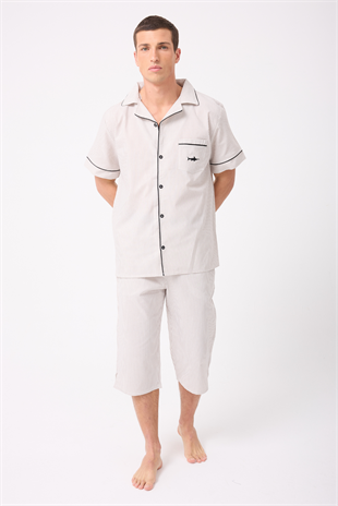 MARISILK™ SEASTRIPE Erkek Dokuma Yazlık Kısa Kollu Capri Pantolonlu Pijama & Lounge Takımı