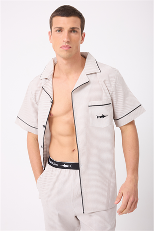 MARISILK™ SEASTRIPE Erkek Dokuma Yazlık Kısa Kollu Capri Pantolonlu Pijama & Lounge Takımı