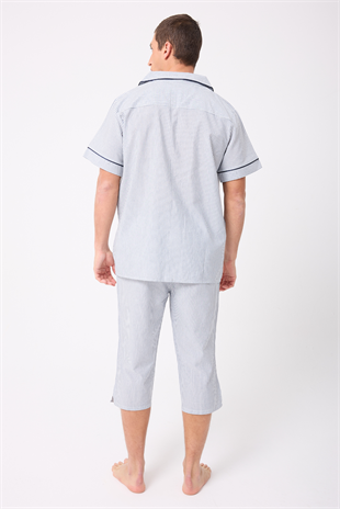 MARISILK™ SEASTRIPE Erkek Dokuma Yazlık Kısa Kollu Capri Pantolonlu Pijama & Lounge Takımı