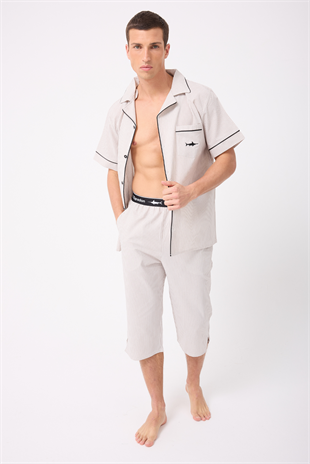 MARISILK™ SEASTRIPE Erkek Dokuma Yazlık Kısa Kollu Capri Pantolonlu Pijama & Lounge Takımı