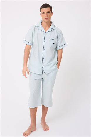 MARISILK™ SEASTRIPE Erkek Dokuma Yazlık Kısa Kollu Capri Pantolonlu Pijama & Lounge Takımı