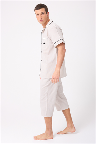 MARISILK™ SEASTRIPE Erkek Dokuma Yazlık Kısa Kollu Capri Pantolonlu Pijama & Lounge Takımı