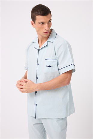 MARISILK™ SEASTRIPE Erkek Dokuma Yazlık Kısa Kollu Capri Pantolonlu Pijama & Lounge Takımı