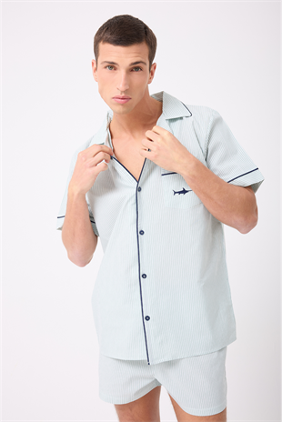 MARISILK™ SEASTRIPE Erkek Yazlık Şortlu Gömlekli Pijama & Lounge Takımı