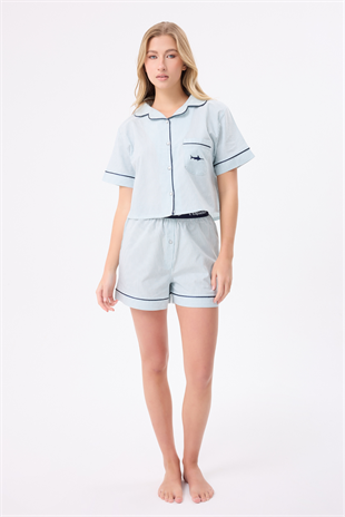 MARISILK™ SEASTRIPE Kadın Yazlık Şortlu Crop Gömlekli Pijama & Lounge Takımı