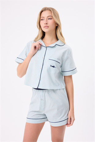 MARISILK™ SEASTRIPE Kadın Yazlık Şortlu Crop Gömlekli Pijama & Lounge Takımı