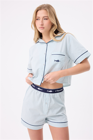 MARISILK™ SEASTRIPE Kadın Yazlık Şortlu Crop Gömlekli Pijama & Lounge Takımı