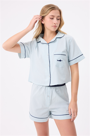 MARISILK™ SEASTRIPE Kadın Yazlık Şortlu Crop Gömlekli Pijama & Lounge Takımı