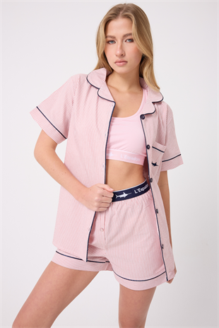 MARISILK™ SEASTRIPE Kadın Yazlık Şortlu Uzun Gömlekli Pijama & Lounge Takımı 