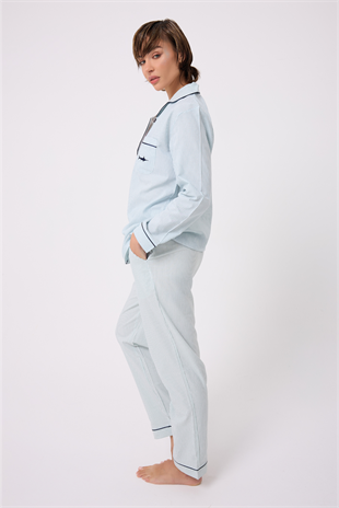 MARISILK™ SEASTRIPE Premium Dokuma Uzun Kollu Uzun Pantolonlu Kadın Pijama & Lounge Takımı