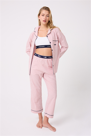 MARISILK™ SEASTRIPE Premium Dokuma Uzun Kollu Crop Pantolonlu Kadın Pijama & Lounge Takımı