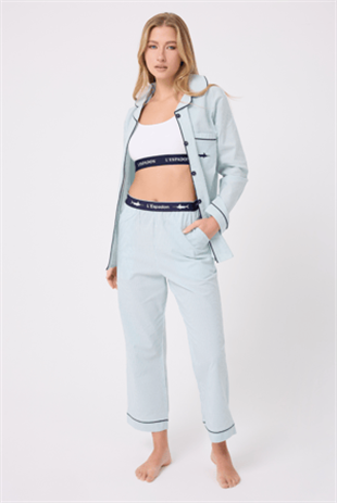 MARISILK™ SEASTRIPE Premium Dokuma Uzun Kollu Crop Pantolonlu Kadın Pijama & Lounge Takımı