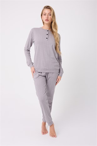 OCEAN RIPPLE™ Premium Örme Pamuk Uzun Kollu Henley & Uzun Pantolonlu Kadın Pijama Takımı