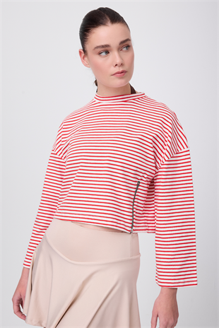 OCEAN TURTLENECK™ Küçük Yan Fermuarlı Denizci Çizgili Orta Kollu Sweatshirt