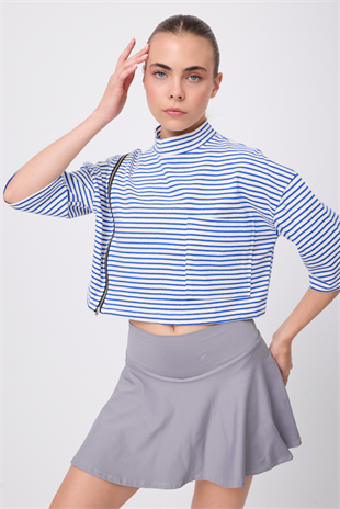 OCEAN TURTLENECK™ Tam Yan Fermuarlı Denizci Çizgili Orta Kollu Sweatshirt