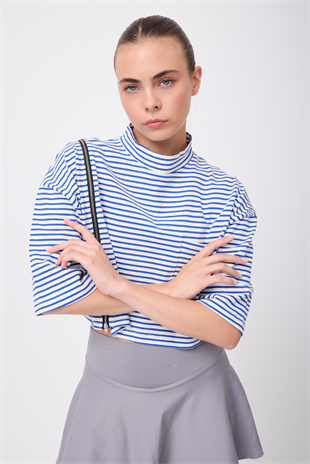 OCEAN TURTLENECK™ Tam Yan Fermuarlı Denizci Çizgili Orta Kollu Sweatshirt