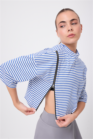 OCEAN TURTLENECK™ Tam Yan Fermuarlı Denizci Çizgili Orta Kollu Sweatshirt