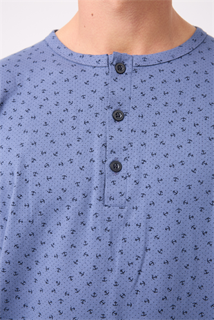 OceanRipple™ Premium Örme Pamuk Uzun Kollu Henley & Uzun Pantolonlu Erkek Pijama Takımı