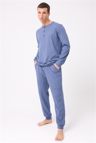 OceanRipple™ Premium Örme Pamuk Uzun Kollu Henley & Uzun Pantolonlu Erkek Pijama Takımı