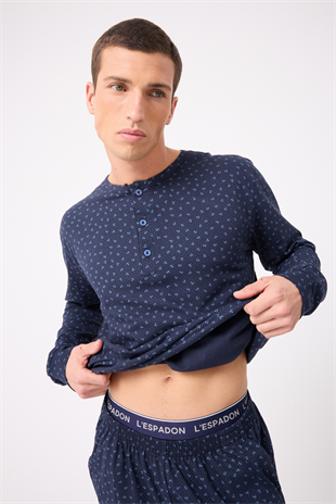 OceanRipple™ Premium Örme Pamuk Uzun Kollu Henley & Uzun Pantolonlu Erkek Pijama Takımı