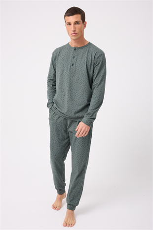 OceanRipple™ Premium Örme Pamuk Uzun Kollu Henley & Uzun Pantolonlu Erkek Pijama Takımı