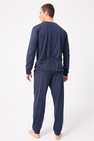 OceanRipple™ Premium Örme Pamuk Uzun Kollu Henley & Uzun Pantolonlu Erkek Pijama Takımı