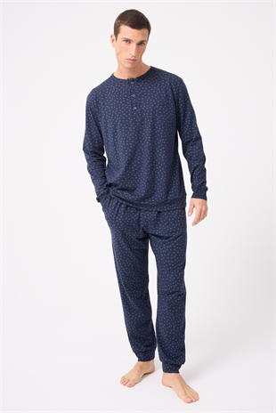 OceanRipple™ Premium Örme Pamuk Uzun Kollu Henley & Uzun Pantolonlu Erkek Pijama Takımı