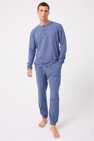 OceanRipple™ Premium Örme Pamuk Uzun Kollu Henley & Uzun Pantolonlu Erkek Pijama Takımı