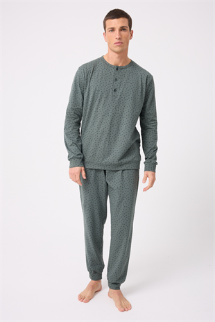 OceanRipple™ Premium Örme Pamuk Uzun Kollu Henley & Uzun Pantolonlu Erkek Pijama Takımı
