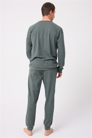 OceanRipple™ Premium Örme Pamuk Uzun Kollu Henley & Uzun Pantolonlu Erkek Pijama Takımı