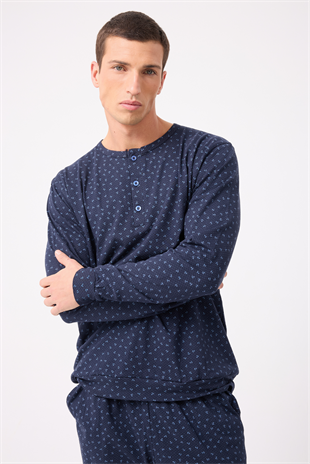 OceanRipple™ Premium Örme Pamuk Uzun Kollu Henley & Uzun Pantolonlu Erkek Pijama Takımı
