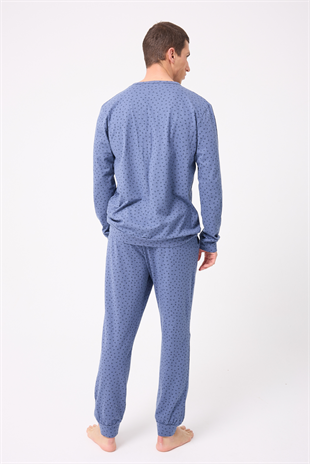 OceanRipple™ Premium Örme Pamuk Uzun Kollu Henley & Uzun Pantolonlu Erkek Pijama Takımı